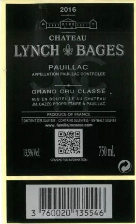 BAcklabel Chateau Lynch Bages 2016 Pauillac