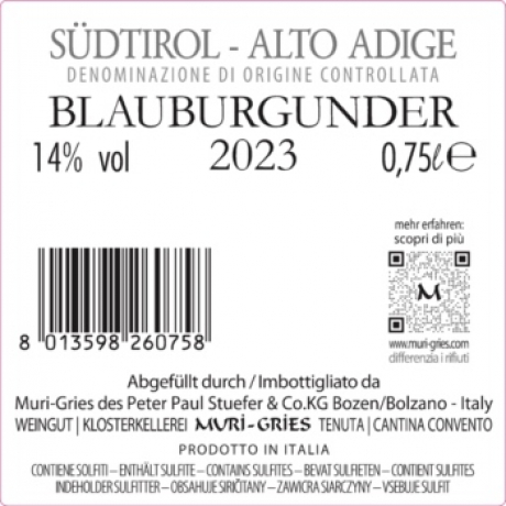 Rueckenlabel Muri-Gries Blauburgunder Südtirol DOC Klosterkellerei
