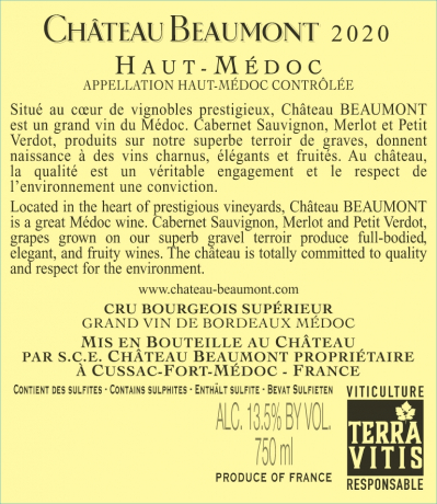 backlabel des Chateau Beaumont 2020 Haut Medoc