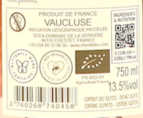 Chene Bleu Le Rose IGP Vaucluse 2024 Flaschenetikett Rückseite