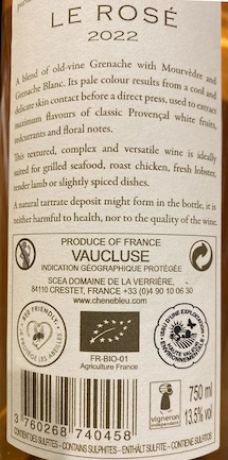 Chene Bleu Le Rose IGP Vaucluse 2022 Flaschenetikett Rückseite