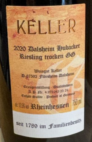 Weingut Keller 2020 Hubacker GG Riesling KPK Flörsheim-Dahlsheim