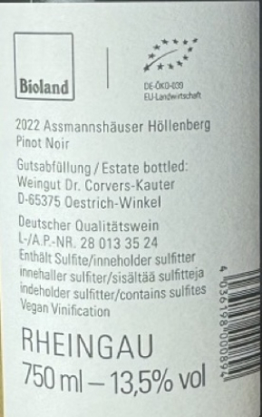 Rueckenlabel Corvers-Kauter Assmannshäuser Höllenberg Pinot Noir 2022