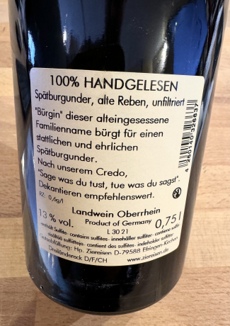 Ziereisen Jaspis 2019 Bürgin Spätburgunder Rückenetikett