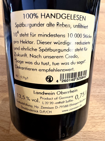 Ziereisen Jaspis Spätburgunder 10 Hoch 4 2018 Rückenetikett