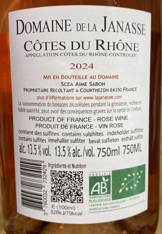 Rückenetikett: Domaine de la Janasse Cotes du Rhone Rose 2024