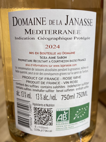 Rückenetikett: Rose La Janasse 2024 Domaine La Janasse Mediterranee IGP