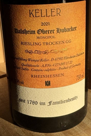 Weingut Keller 2021 Oberer Hubacker GG Riesling KPK Flörsheim-Dahlsheim