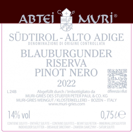 Rueckenlabel Abtei Muri Blauburgunder Riserva Südtirol DOC Klosterkellerei