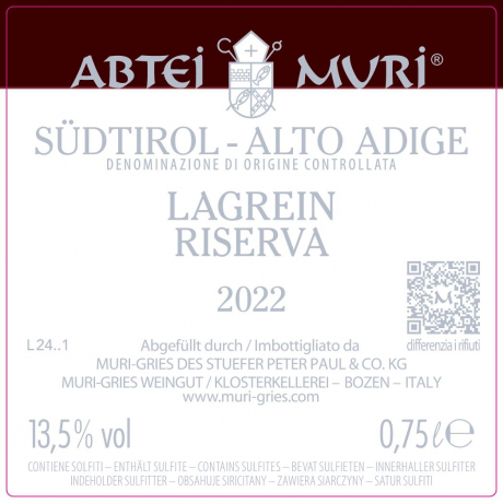Rueckenlabel Abtei Muri Lagrein Riserva Südtirol DOC Klosterkellerei