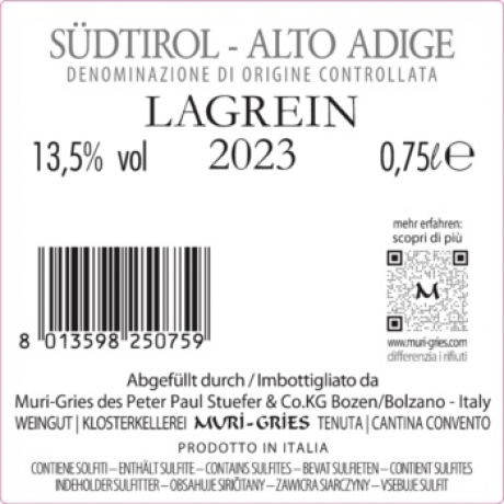 Rueckenlabel Muri-Gries Lagrein 2023 Südtirol DOC Klosterkellerei