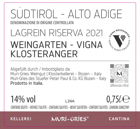 Rueckenlabel Weingarten Vigna Klosteranger Lagrein Riserva 2021 Südtirol DOC