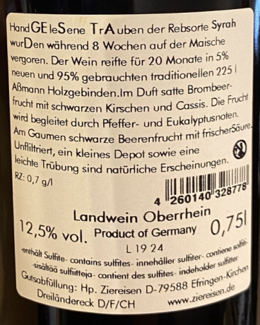 Rückenetikett: Ziereisen GE 22 Syrah 2022 bisher Gestad