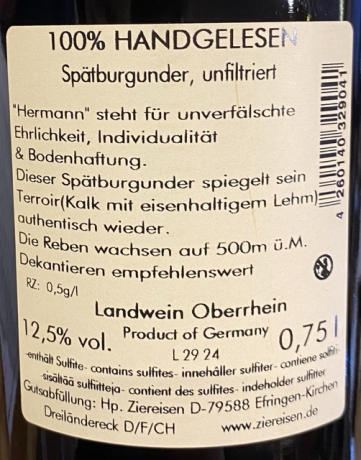 Rückenetikett: Ziereisen Jaspis 2022 Hermann Spätburgunder