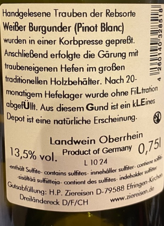 Rückenetikett: Ziereisen LÜ 22 Weisser Burgunder 2022 bisher Lügle