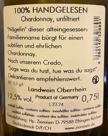 Rückenetikett: Ziereisen Jaspis 2022 Nägelin Chardonnay