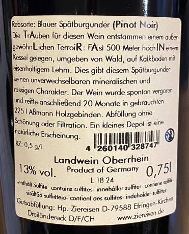 Rückenetikett: Ziereisen TAL 22 Blauer Spätburgunder 2022 bisher Talrain