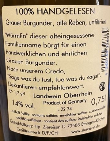 Rückenetikett: Ziereisen Jaspis 2022 Würmlin Grauer Burgunder