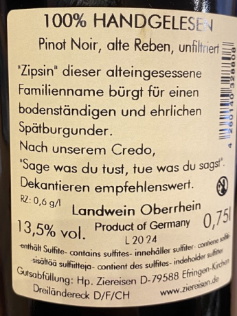 Rückenetikett: Ziereisen Jaspis 2022 Zipsin Pinot Noir