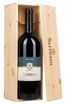 Flasche Saffredi 2020 Fattoria Le Pupille Imperial 6 Liter in Holzkiste